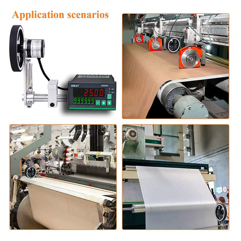 Heavy Duty Digital Length Meter Counter With Smooth Rolling 20 Mm Polyurethane Measure Wheel in textile machine application setup.