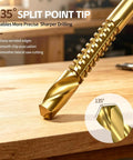 Close-up of Eight Pack Titanium Coated HSS Twist Drill Bits Metric Set 3 To 10MM with 135° split point tip for precise drilling.