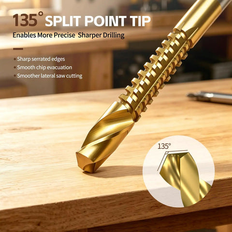Close-up of Eight Pack Titanium Coated HSS Twist Drill Bits Metric Set 3 To 10MM with 135° split point tip for precise drilling.
