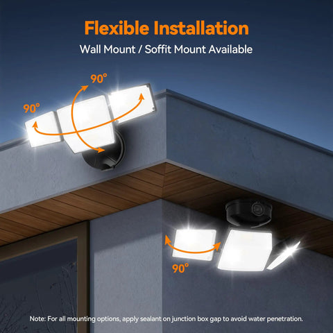 85W LED Flood Lamp Sheds 10000 Lumens Of Real Juice With Four Pivot Heads And Dusk To Dawn Switch for flexible wall or soffit mount installation.