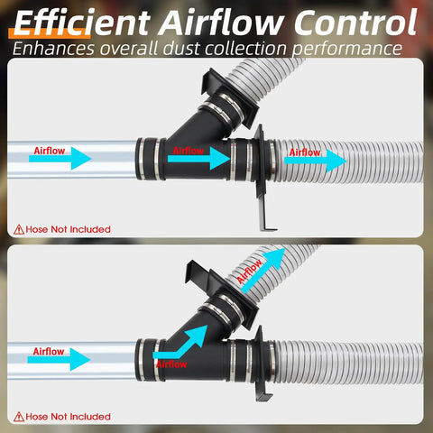Heavy Duty Four Inch Dust Collection Kit With Y Splitter Hose Connector And Blast Gate Valve For Shop Ready Setup Plus Three Rugged Flex Cuffs For Quick Release No Sweat Operation, showing airflow direction.