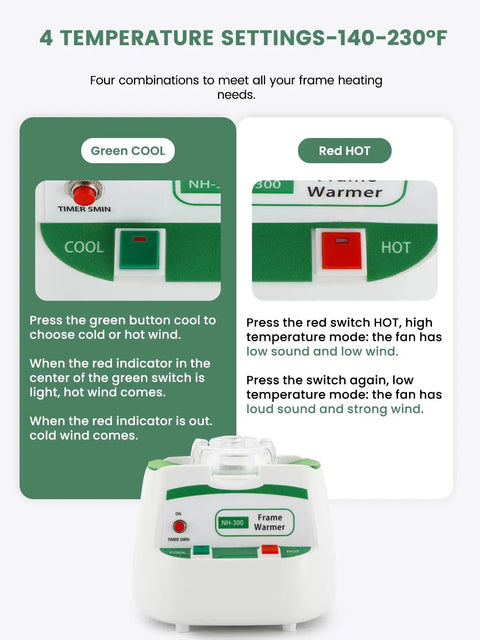 Display of Eyeglass Frame Warmer With Four Temperature Settings 140-230 F, featuring cool and hot switches.