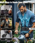 Man using 20,000mAh Portable Neck Fan with Dual High Speed Motors, Beastly Powerful Airflow, hands-free on belt for outdoor tasks.