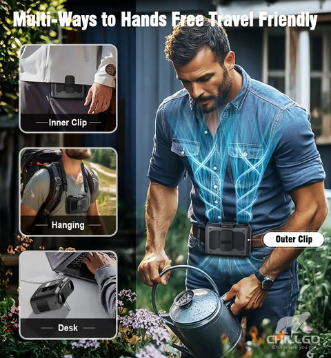 Man using 20,000mAh Portable Neck Fan with Dual High Speed Motors, Beastly Powerful Airflow, hands-free on belt for outdoor tasks.