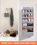1 Pack Over The Door Shoe Organizer With 15 Large Pockets Hanging Shoe Rack For Closet Or Wall Space Saver Gray Oxford Fabric Holds 15 To 18 Pairs Of Shoes Easy Access And Tangle Free hanging on a white door with shoes inside.