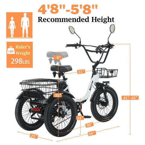 Three Wheel Folding Electric Trike For Adults With 700W Peak Power And 468Wh Removable Battery Fat Tire 18 Inch Step Thru E Trike Large Basket For Women And Men Ride Ready, dimension guide