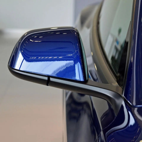 Top Shelf Blue Front Side Mirror Lower Cover Cap For Tesla Model 3 Rearview Wing Tray Replacement Right Side auto exterior trim close-up view.