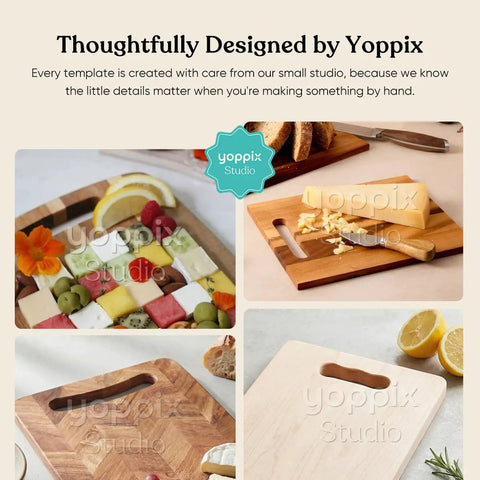 Kickass 2 Piece Acrylic Charcuterie Board Handle Router Template Set With Long And Short Handle Styles, showcasing templates and wooden boards.