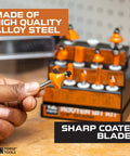 Close-up of orange router bit from Router Bit Set 1 Quarter Inch Shank 12 Piece Woodworking Bits for Do It Yourself Projects.