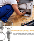 Four Heavy Duty Pull Ring Indexing Plungers With Retractable Quick Release Pins Crafted From Stainless Steel Giving You Spring Loaded Telescopic Action And Rock Solid Workbench Grip M16 Thread while a person works on a refrigerator.