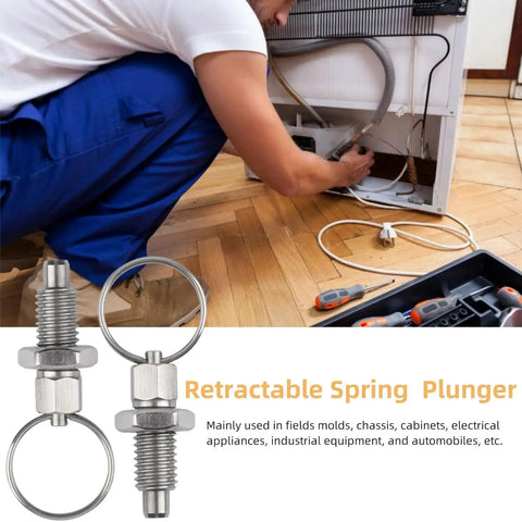 Four Heavy Duty Pull Ring Indexing Plungers With Retractable Quick Release Pins Crafted From Stainless Steel Giving You Spring Loaded Telescopic Action And Rock Solid Workbench Grip M16 Thread while a person works on a refrigerator.