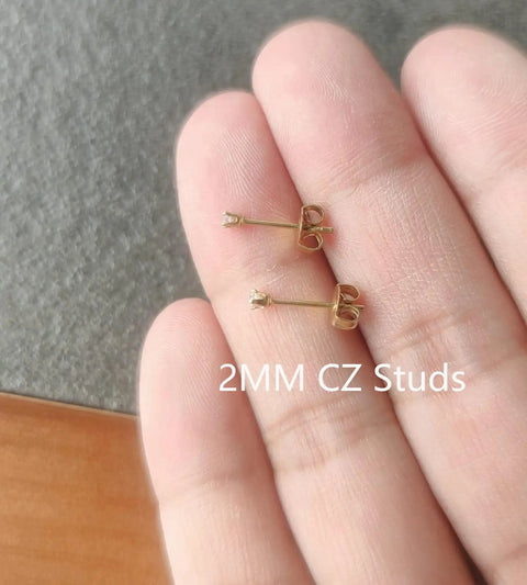 Tiny 2mm Ball And CZ Stud Earrings Set Six Pairs Pack Hypoallergenic Surgical Steel Mini Cubic Zirconia Dot Studs For Women And Men Perfect For Cartilage Helix Second And Third Piercings Everyday Wear, 2mm CZ studs