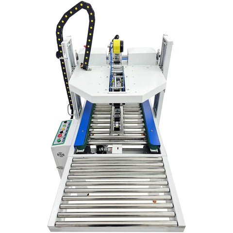 High Capacity Full Automatic Double Flap Case Sealer Machine For Carton Packing with adjustable rollers and control panel.