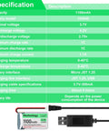 4 Pack 3.7V 1100mAh LiPo Battery With USB Charger Cable 1S Protection Board and Micro JST 1.25 Plug specifications