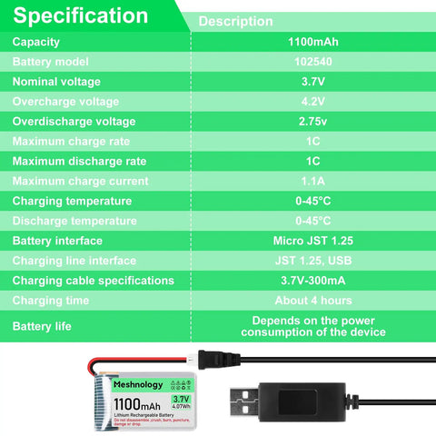 4 Pack 3.7V 1100mAh LiPo Battery With USB Charger Cable 1S Protection Board and Micro JST 1.25 Plug specifications