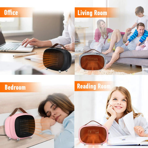 Office, living room, bedroom, and reading room scenes with Tiny But Mighty Mini Ceramic Space Heater 800W 400W in various settings.