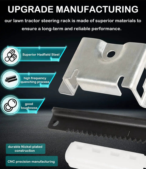 CR12 Steering Service Kit For Lawn Mowers And Compact Tractors Steering Rack Kit Pro Grade Compatible With CC30 CC30H CC30E Hydro Mini Riders Columbia CR30 MTD And Craftsman R1000 Lawn Tractors close-up view of components showing steel construction and toughness features