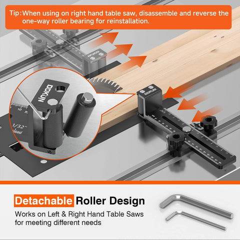 Thin Rip Jig For Table Saw With Dual Bearing Safety Rollers installed on table saw; fits three eighths by three quarters inch T slot