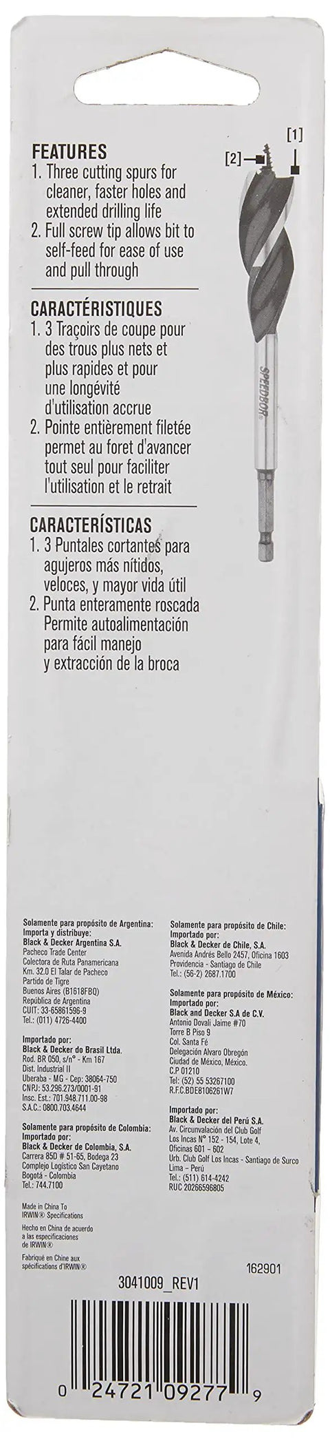 Top Rated Tri Flute Wood Drill Bit For Knocking Out Clean Holes Fast Through Lumber Builds With A Sturdy Hex Shank That Locks Tight In Any Quick Change Chuck packaging back features and specifications.