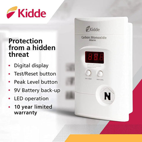 Front view of Plug In Carbon Monoxide Alarm With 9 Volt Battery Backup, Digital LED Display, 85 Decibel Siren, Easy 120 Volt Wall Mount