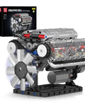 Close-up of V8 Engine Model Kit With Electric Motor And Battery Box 535 Piece DIY STEM Mechanics Engineering Set.