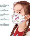 Girl wearing a Kids KF94 Disposable Mask With Fish Mouth Design, featuring unicorn pattern, four-layer protection, ultra comfy for kids.