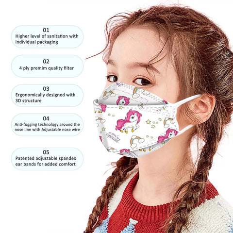 Girl wearing a Kids KF94 Disposable Mask With Fish Mouth Design, featuring unicorn pattern, four-layer protection, ultra comfy for kids.