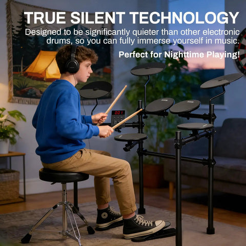 Young drummer playing All In One Beginner Electric Drum Set With Four Quiet Eight Inch Pads at home, sitting on throne with headphones.