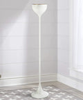 White Modern Metal LED Floor Lamp With Round Metal Shade, Foot Switch, UL Listed, LED Bulb Included in a living room setting