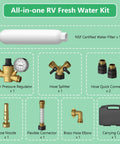 All In One Fresh Water Kit For RVs With Pressure Regulator Inline Filter Hose Splitter Brass Elbow Flexible Connector Quick Connects Leak Repair Kit And Carrying Case components diagram