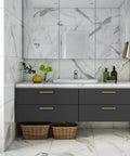 Gold Brushed Brass Cabinet Pulls With Handy Screwdriver on dark bathroom drawers, marble walls, and floor, showcasing design