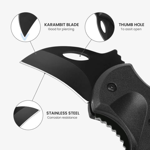 Close-up of Everyday Carry Dope Mini Pocket Knife With 1.34 Inch Blade, highlighting karambit blade and thumb hole.