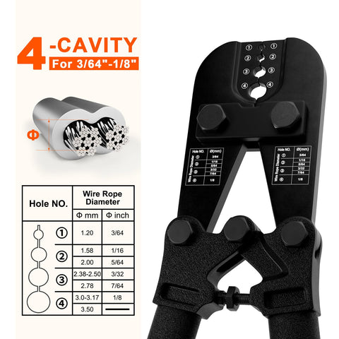 Pro Grade Wire Rope Crimper Tool Kit With Steel Cable Cutter, Swaging Tool For Copper And Aluminum, Four Crimping Cavities