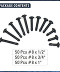410 Stainless Steel No. 8 Self Drilling TEK Screws Assortment Kit with Black Oxide Finish, 50 pcs each of 1/2 inch, 3/4 inch, and 1 inch