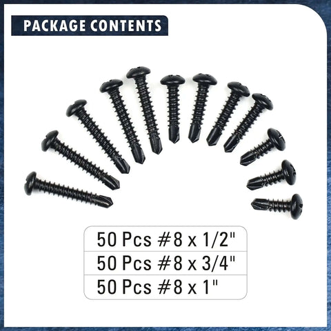 410 Stainless Steel No. 8 Self Drilling TEK Screws Assortment Kit with Black Oxide Finish, 50 pcs each of 1/2 inch, 3/4 inch, and 1 inch
