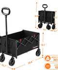 Foldable Lightweight Utility Wagon Cart With Wheels For Grocery Shopping Camping Beach Garden And Sports Black Heavy Duty Collapsible Wagon That Hauls Up To 360 Lbs For Heavy Loads And Daily Chores with measurements and capacity displayed.