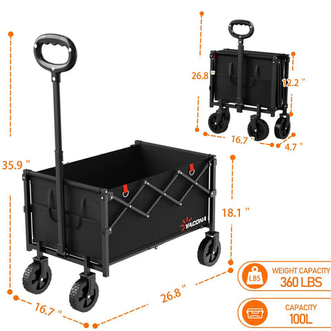 Foldable Lightweight Utility Wagon Cart With Wheels For Grocery Shopping Camping Beach Garden And Sports Black Heavy Duty Collapsible Wagon That Hauls Up To 360 Lbs For Heavy Loads And Daily Chores with measurements and capacity displayed.