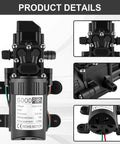 Heavy Duty 12 Volt Dc Diaphragm Water Pump With Hose Clamps For Rv Camper Marine And Utility Work showing product details and connections.