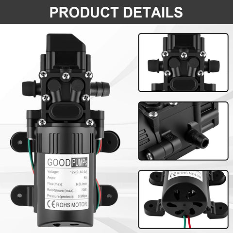 Heavy Duty 12 Volt Dc Diaphragm Water Pump With Hose Clamps For Rv Camper Marine And Utility Work showing product details and connections.
