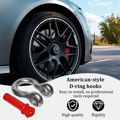 Beefy 2 Pack 3/8 Inch D Ring Anchor Shackles With Screw Pin Clevis Design Rated For One Ton Load beside a stylish car wheel.