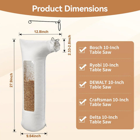 Dimensions of Heavy Duty Table Saw Dust Collector Bag With Clear View Window For 10 Inch Table Saws And 2 Point Five Inch Fittings.