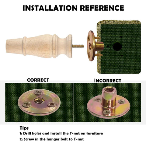 Installation guide for Super Heavy Duty Wooden Furniture Legs Set Of 4 Unfinished Replacement Parts with T-nut and screw fittings.