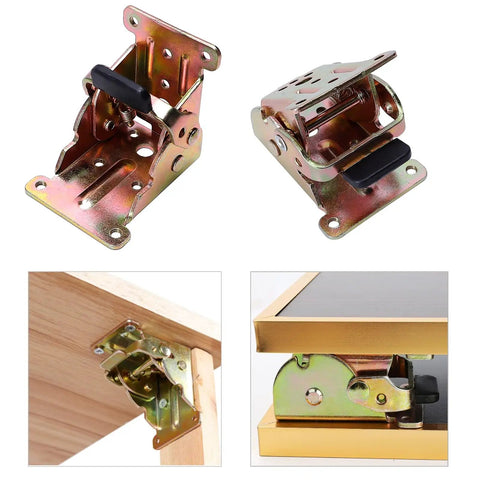 Heavy Duty Folding Table Leg Brackets 4 Pack Built Like A Tank Self Locking Hinge Hardware image showcasing two steel brackets with rubber grips.