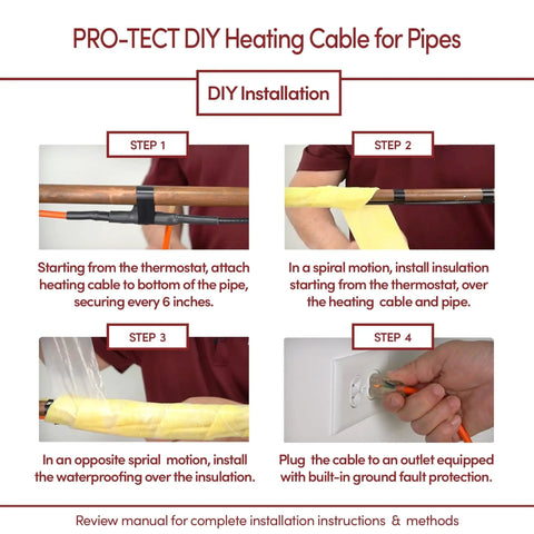 Step-by-step installation of 80 Foot Plug In Pipe Heating Cable Kit For Freeze Protection With Built In Thermostat 560 Watt Heat Tape