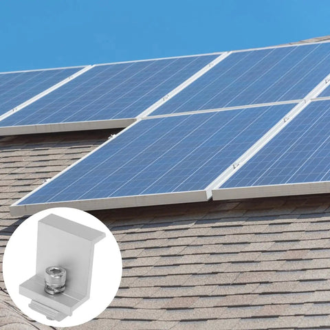 12 Piece Top Shelf M8 Aluminum Alloy Solar Panel Mid Clamps Heavy Duty Outdoor Photovoltaic Racking Systems mounted on rooftop.