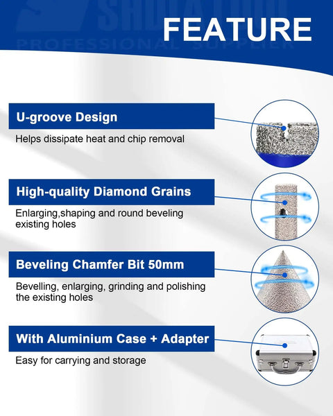 Diamond Core Drill Bit Set For Porcelain Tile Marble Ceramic Granite - 9Pcs Milling And Chamfer Kit features overview