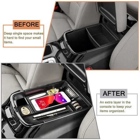 All In One Center Console Organizer For Kia Telluride 2020 To 2026 keeps small items organized in black armrest tray with storage