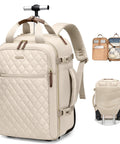 Apricot quilted rolling backpack with wheels and trolley handle; laptop-friendly carry-on.