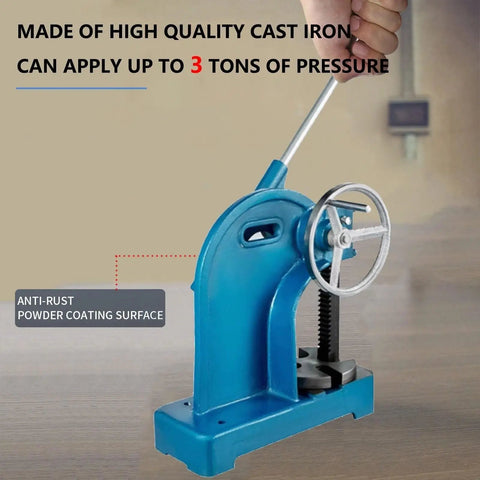 3 Ton Ratchet Lever Arbor Press with Handwheel Industrial Manual Desktop Punch Press for Stamping and Deforming Heavy Duty Iron Beast pre-drilled holes and anti-rust coating.