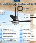 42 Inch Outdoor Ceiling Fan With Lights For Patios And Gazebos, IP65 Waterproof Rust Resistant With Remote, in black, hung on patio.